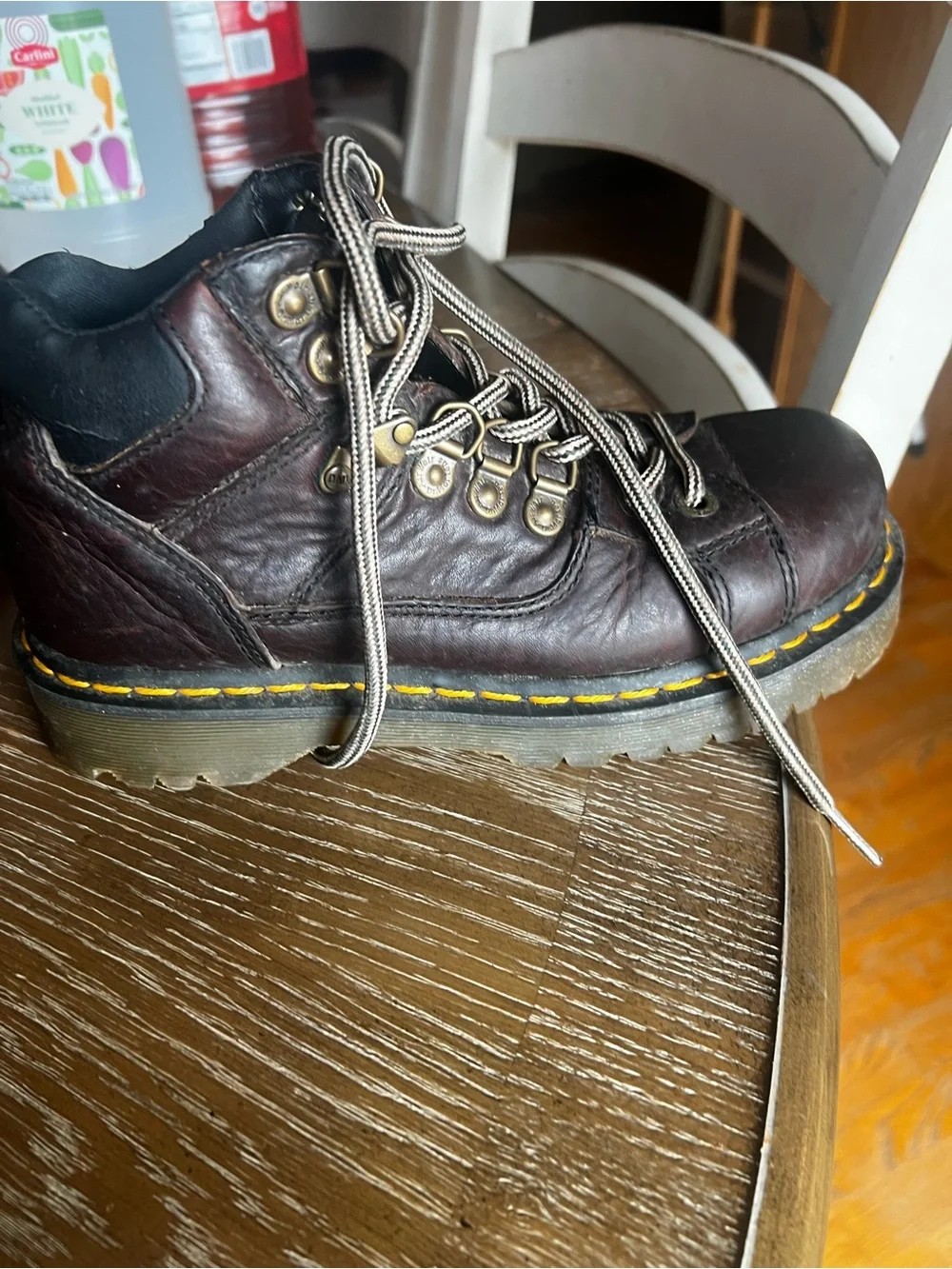 Dr. Martens Dark Brown Leather Lace-Up Boots with Yellow Stitching